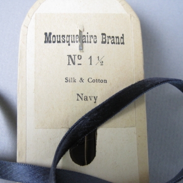 Antique narrow velvet ribbon silk and cotton navy blue one quarter inch width