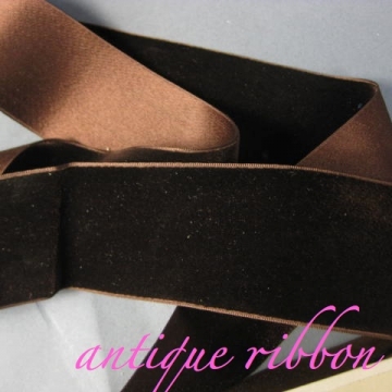 French Vintage ribbon wide silk velvet Victorian era 1 7/8 inch brown